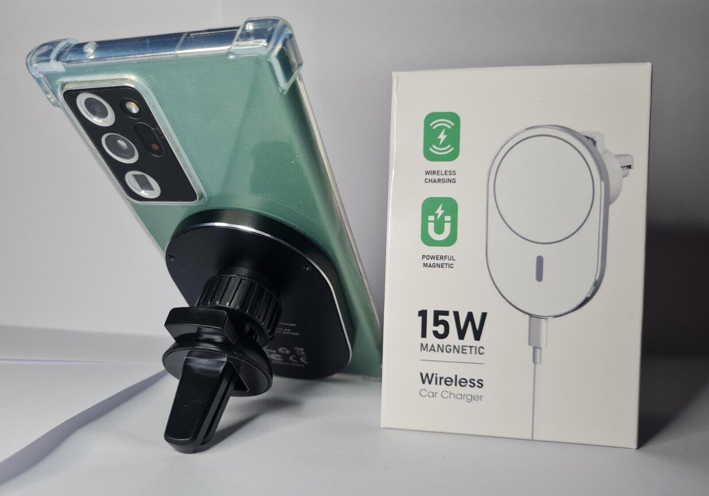 Wireless Car Charger 15 Watt Kabelloses Auto Ladegerät mit Magnetring - Oval